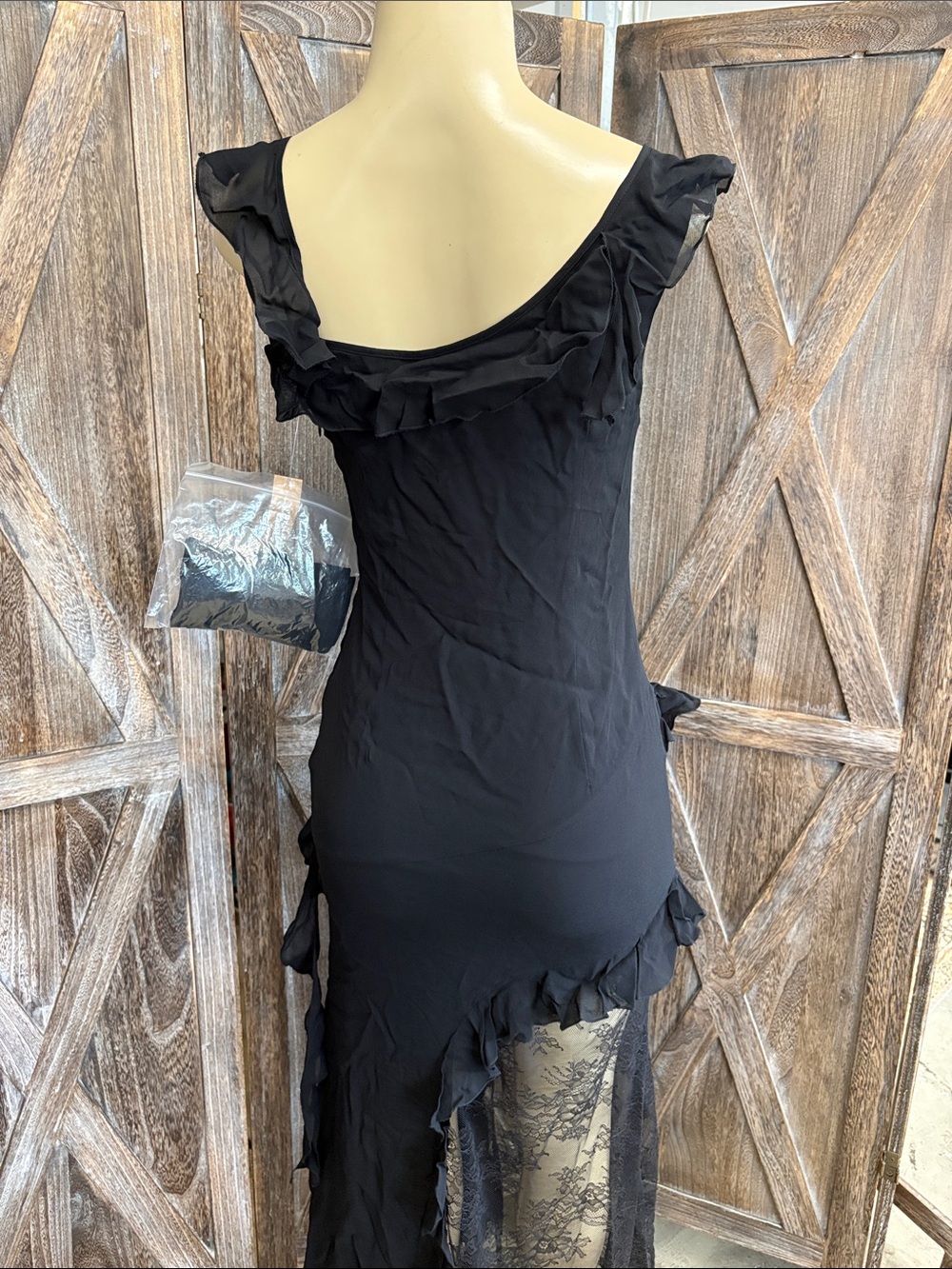 NWT o.p.t Carmen Dress Black Ruffle Asymmetric Lace Maxi Dress Size 4 - Picture 8 of 10